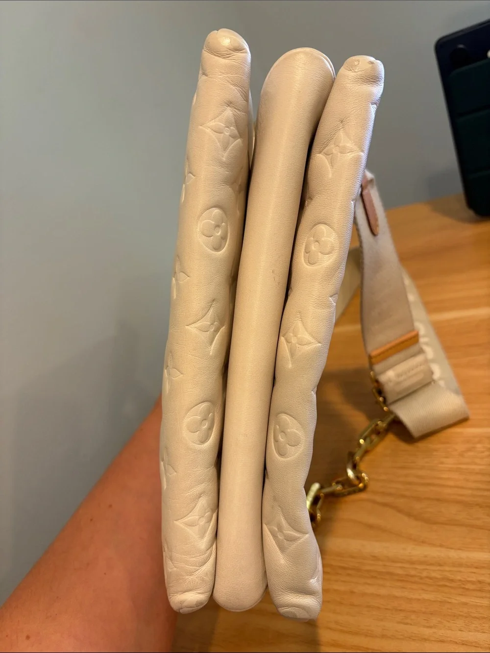 Pre-Loved Louis Vuitton Lambskin Embossed Monogram Coussin PM in Beige/Cream